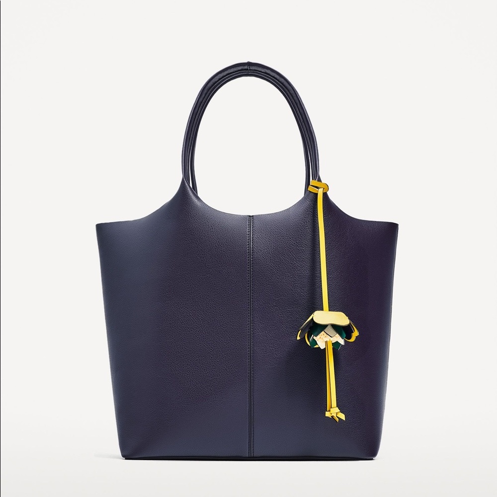 Zara Navy Leather Tote Bag with Yellow Tassel Charm